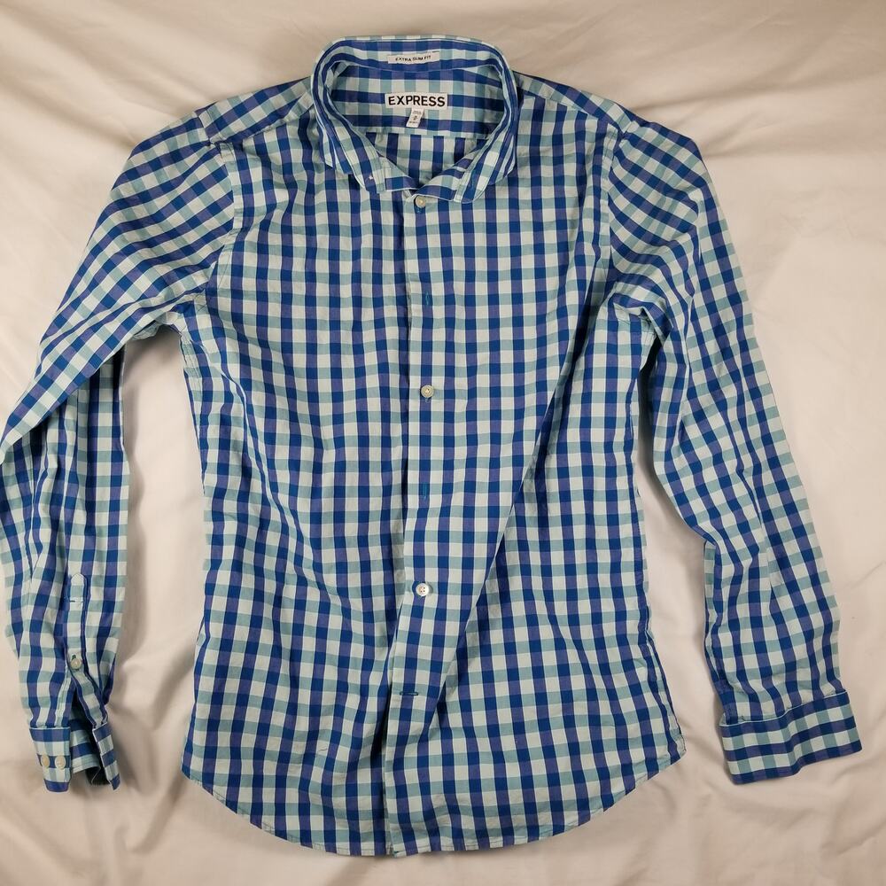 Express Men Extra Slim Fit Gingham Check Long Sleeve Dress Shirt Medium 15-15.5